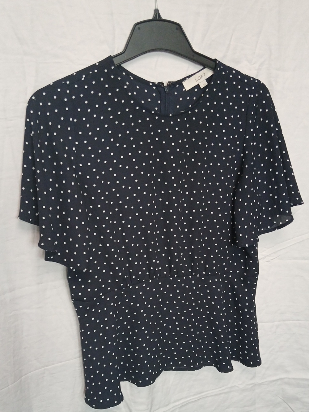 LOFT Navy and White Polka Dot Peplum Blouse